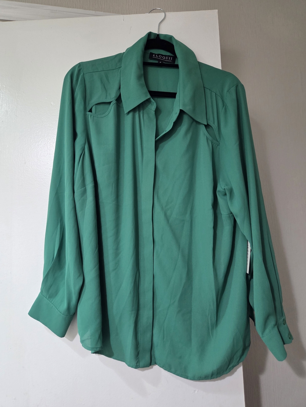 Eloquii Teal-Green Long Sleeve Button-Front Blouse